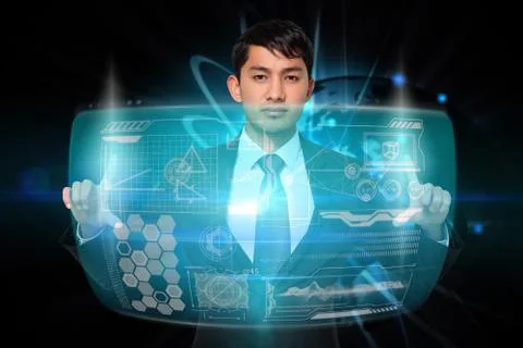 Serious businessman touching interface 스톡 일러스트