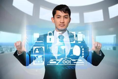Serious businessman touching interface Stock Illustration