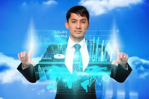 Serious businessman touching interface Stock Illustration