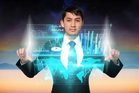Serious businessman touching interface Stock Illustration