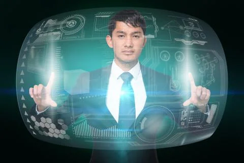 Serious businessman touching interface 스톡 일러스트