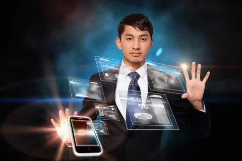 Serious businessman touching interface with smartphone Stock Illustration