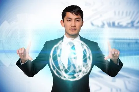 Serious businessman touching light with sphere Stock Illustration