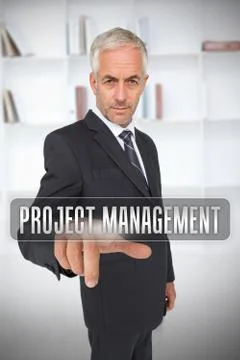 Serious businessman touching the term project management Stock Photos