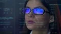 The serious businesswoman look to the virtual screen 4k or 4k+ Resolution
