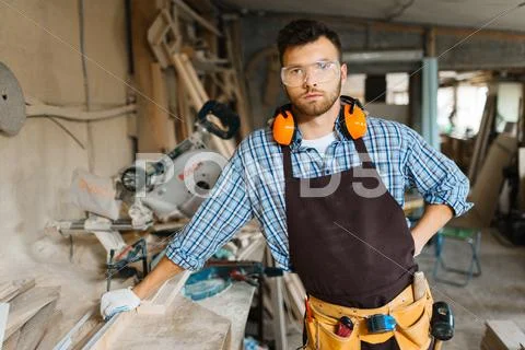 Serious carpenter with tool belt looking at camera Stock Photos