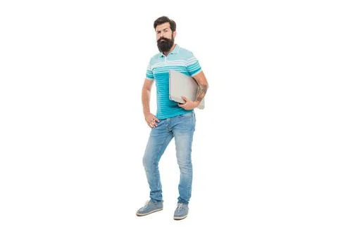 Serious developer isolated on white. Bearded man developer holding laptop. Web Stock Photos
