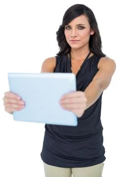 Serious elegant dark haired model holding her tablet Stock Photos