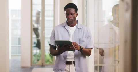 Serious, employee and man with tablet, office and review design project on web, Stock Footage 329601909