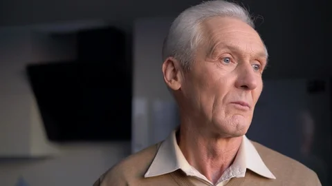 Serious face of pensive elderly man thinking about retirement problems, aging Stock Footage 122039539
