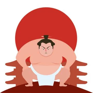 Serious face Sumo standing in crouch stance with red circle as background ill Stock Illustration