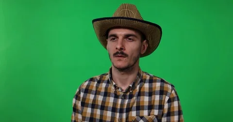 Serious Farm Worker Talking Looking Interview Chroma Key Green Screen Background Stock Footage 77003014