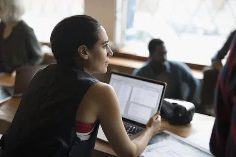 Serious female computer programmer working at laptop in meeting Stock Photos