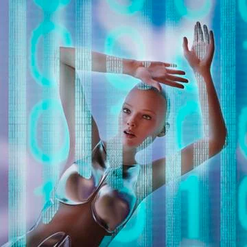 Serious futuristic woman in binary code wall イラスト素材