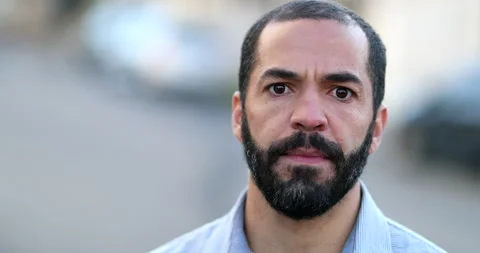 Serious hispanic portrait man close-up face. 40 year old person, real people  Stock Footage 144447817
