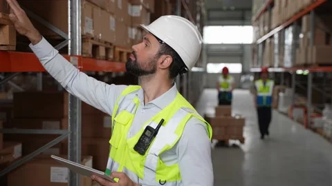 Serious inventory manager during work in warehouse Video stock 161951920