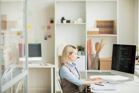 Serious lady working with computer language 스톡 사진