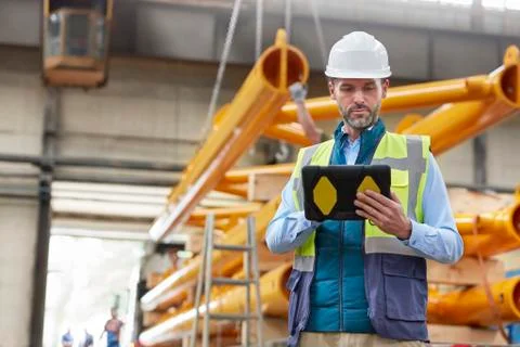 Serious male engineer using digital tablet in factory Stock Photos