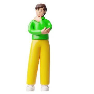 Serious man 3D vector, cartoon doubt brunet man wear green jacket and yellow Stock Illustration