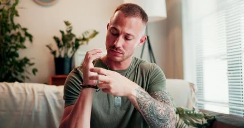 Serious, man and healing with eft tapping, therapy appointment and process .. Stock Photos