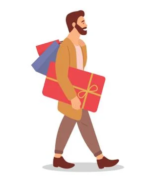 Serious man with gift boxes in his hands. Young shopper guy isolated on the Stock Illustration