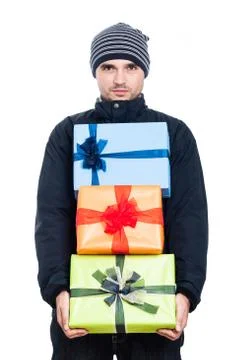 Serious man with presents Stock Photos