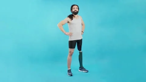 Serious man standing with a leg prosthesis Stock Footage 236395912