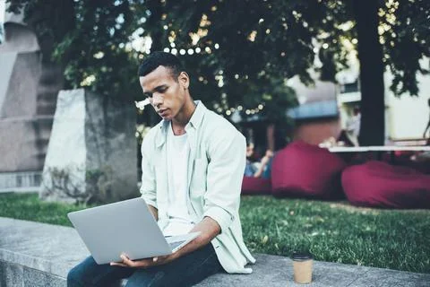 Serious man using laptop while sitting on border in park Stock Photos