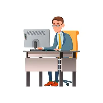 Serious man work and check employee report on computer cartoon vector 스톡 일러스트