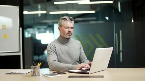 Serious mature gray haired bearded businessman is typing on a laptop while  Stock Footage 232579007