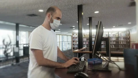 Serious middle aged man with protective medical mask in white T-shirt searching Stock Footage 153767685