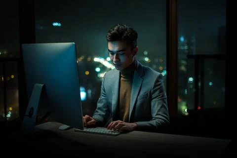 Serious Office Worker Answer Emails on Computer Stock Photos