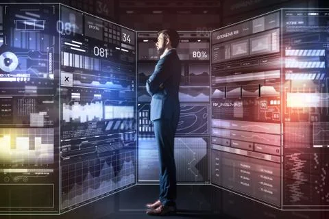 Serious programmer looking at the transparent screen and thinking Stock Photos