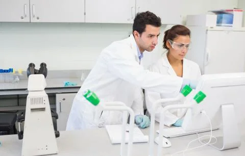 Serious researchers using a computer in the lab Stock Photos