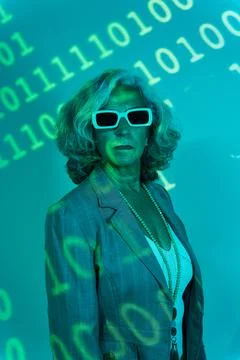 Serious senior programmer under binary code projection Stock Photos