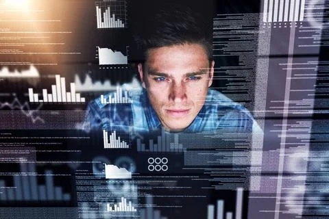 Serious, smart and creative web engineer or hacker busy coding at night with Stock-Fotos