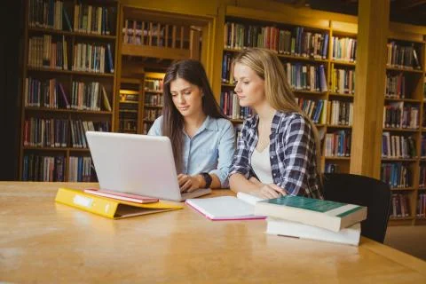 Serious students using laptop 스톡 사진