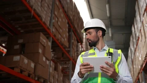 Serious supervisor taking inventory in storehouse Stock Footage 161950673