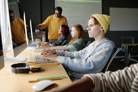 Serious Teenager During Coding Class At School Stock Photos