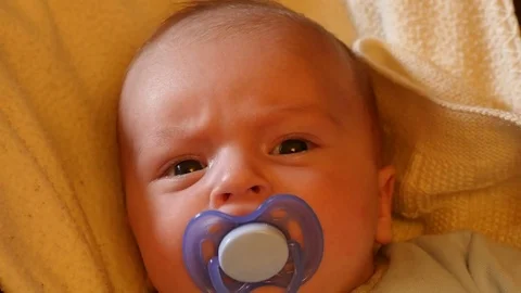 Serious thinking 7 weeks old newborn baby with papilla closeup Stock Footage