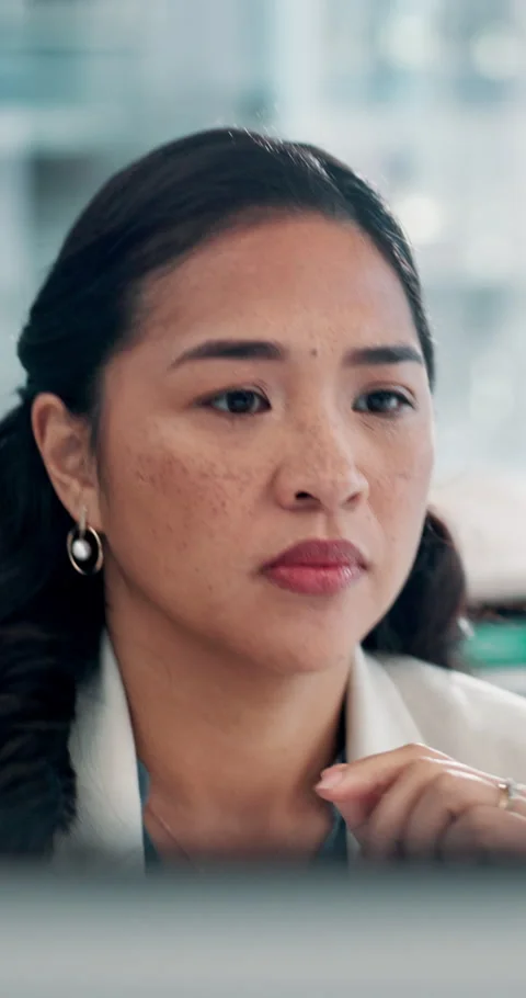 Serious, woman and thinking with computer, office or risk assessment on website, Stock Footage 327844984