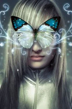 Serious young blond, concept future and modernity, girl with butterfly Stock Photos