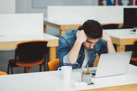 Serious young guy with beard working on laptop Stock Photos