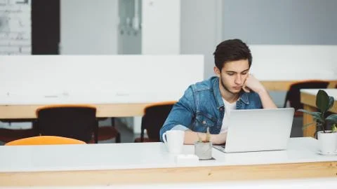 Serious young guy with beard working on laptop Stock Photos