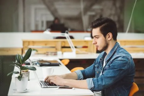 Serious young guy with beard working on laptop Stock Photos