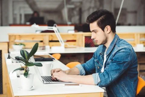 Serious young guy with beard working on laptop Foto stock