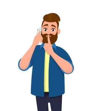 Serious young man talking on a mobile/cell/smart phone, asking silence. Stock Illustration