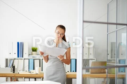 Serious young woman looking through papers in office Stock Photos