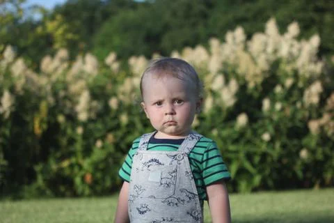 Seriuos two year old boy in a green t-shirt and rompers stands on the lawn 스톡 사진