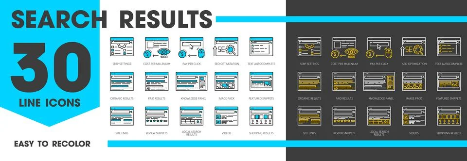 SERP line icons, search engine result page set 스톡 일러스트